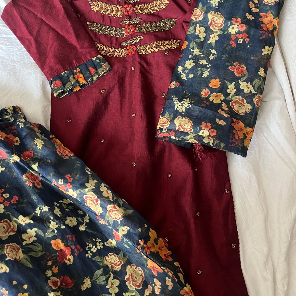 Indian Embroidered Maroon Tunic kids lehenga